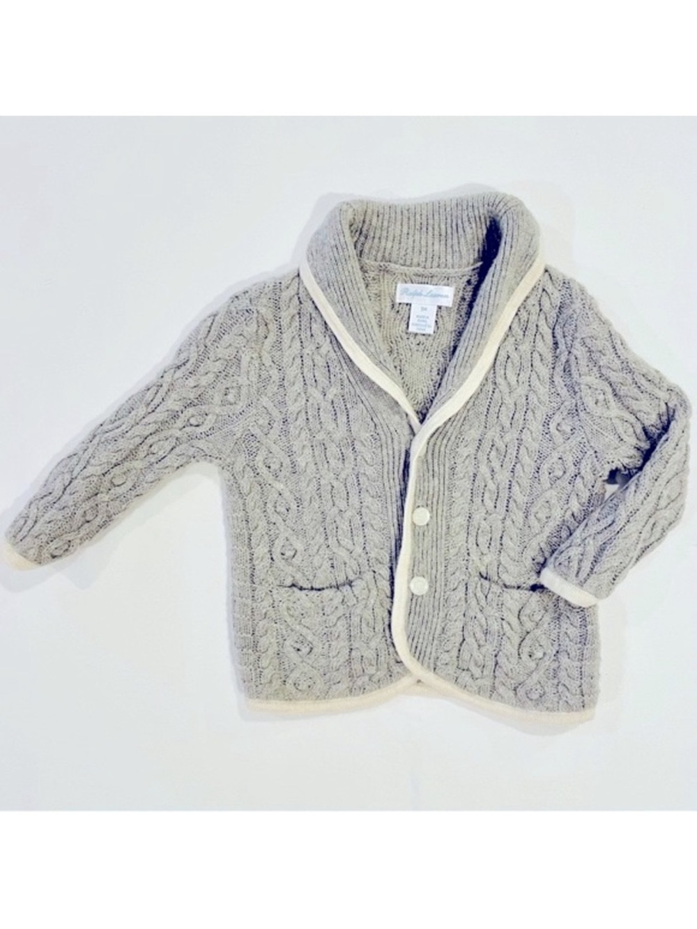 Ralph Lauren Cardigan Sweater Boys 9M Girls Cable Knit Shawl Collar Merino Wool - Picture 1 of 5